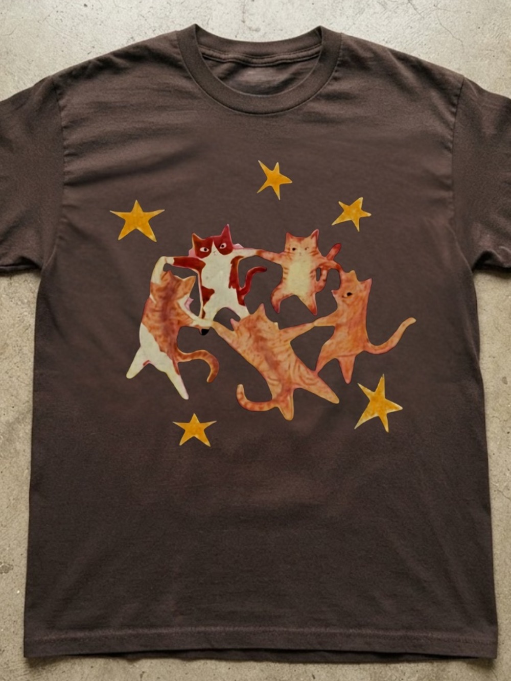 Cats Circle Dance Stars Graphic Brown T-Shirt